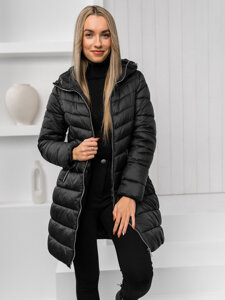 Women's Longline Quilted Winter Jacket with hood Black Bolf 11Z8083