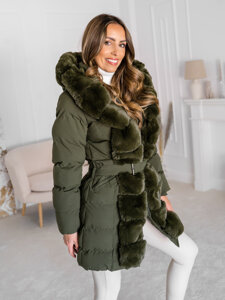 Women's Longline Quilted Winter Jacket with hood Khaki Bolf 5M3158