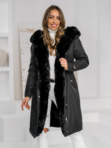 Women's Longline Winter Parka Jacket with hood Black Bolf B557