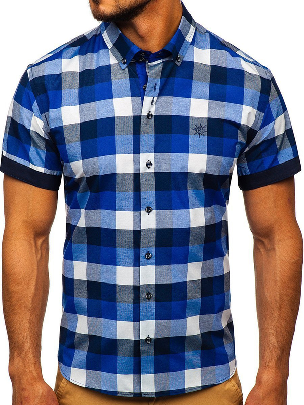 Men's Checkered Short Sleeve Shirt Navy Blue Bolf 5532