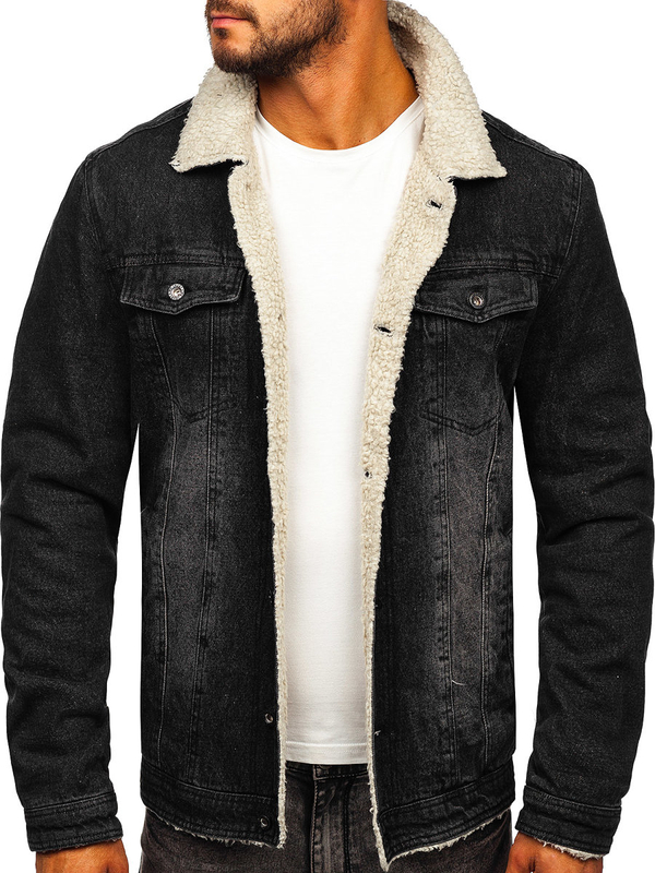 Men's Warm Denim Trucker Jacket with Furry Collar Black Bolf 1158