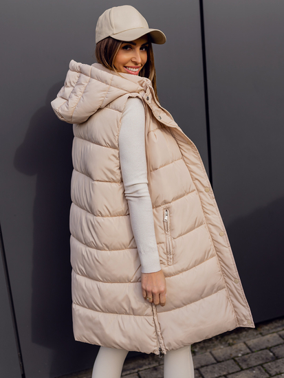 Women's Longline Quilted Oversize Gilet Beige Bolf 81276