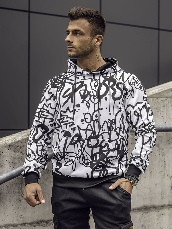 Men's Printed Kangaroo Hoodie Black-White Bolf 8B1151