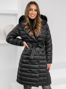 Women’s Longline Winter Quilted Jacket with hood Black Bolf 5M3159A