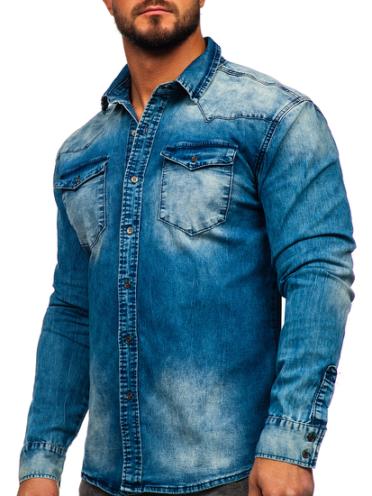 Men's Long Sleeve Denim Shirt Navy Blue Bolf MC710BS