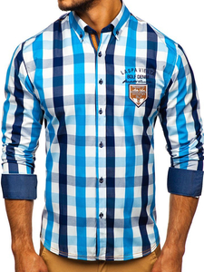 Men's Checkered Long Sleeve Shirt Sky Blue Bolf 1766-1
