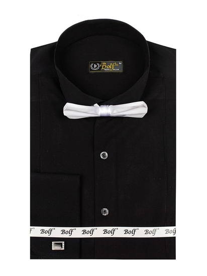 Men's Elegant Long Sleeve Shirt Bow Tie + Cufflinks Black Bolf 4702
