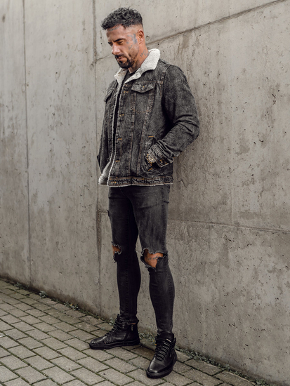 Men's Warm Denim Trucker Jacket with Furry Collar Graphite Bolf 1109