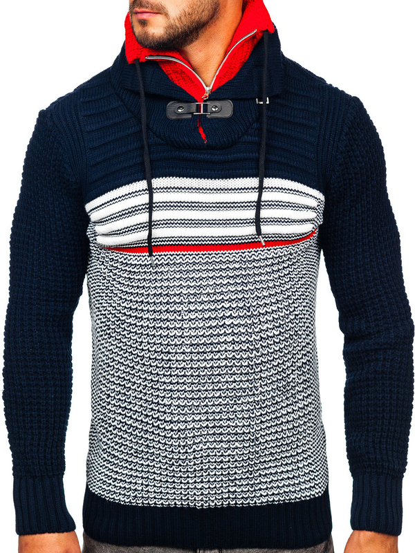 Men's Thick Stand Up Sweater Navy Blue-Red Bolf 2026