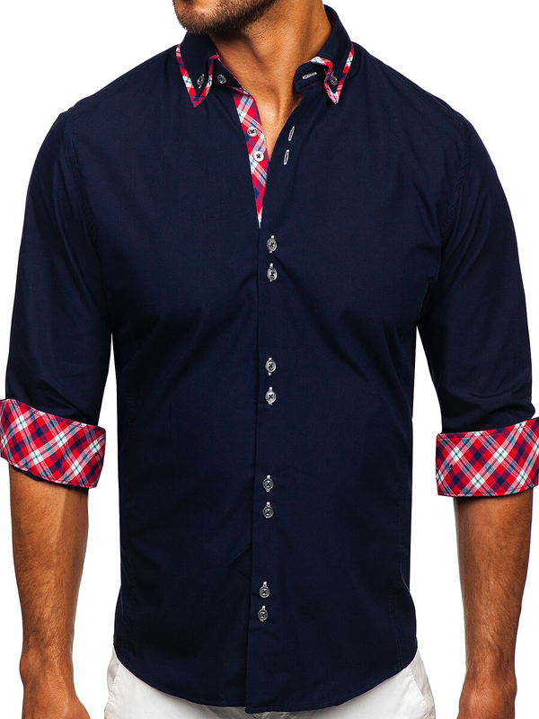 Men's Elegant Long Sleeve Shirt Navy Blue Bolf 4704
