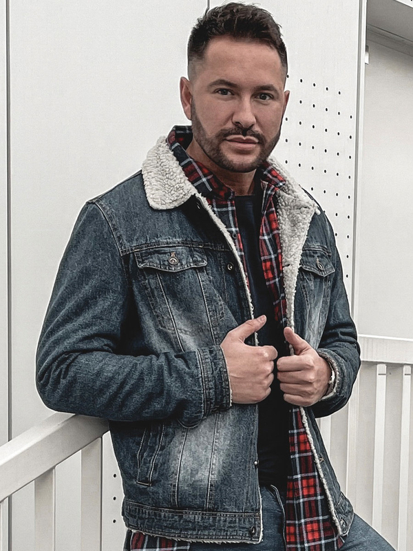 Men's Warm Denim Trucker Jacket with Sheepskin Collar Navy Blue Bolf 1155A