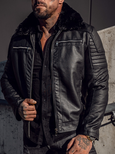 Men's Leather Biker Jacket with Fur Black Bolf 11Z8013