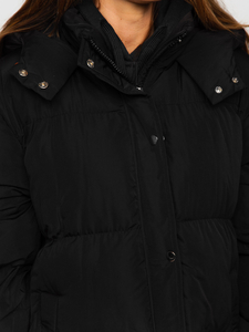 Women's Longline Quilted Winter Coat Jacket with Hood Black Bolf R6702