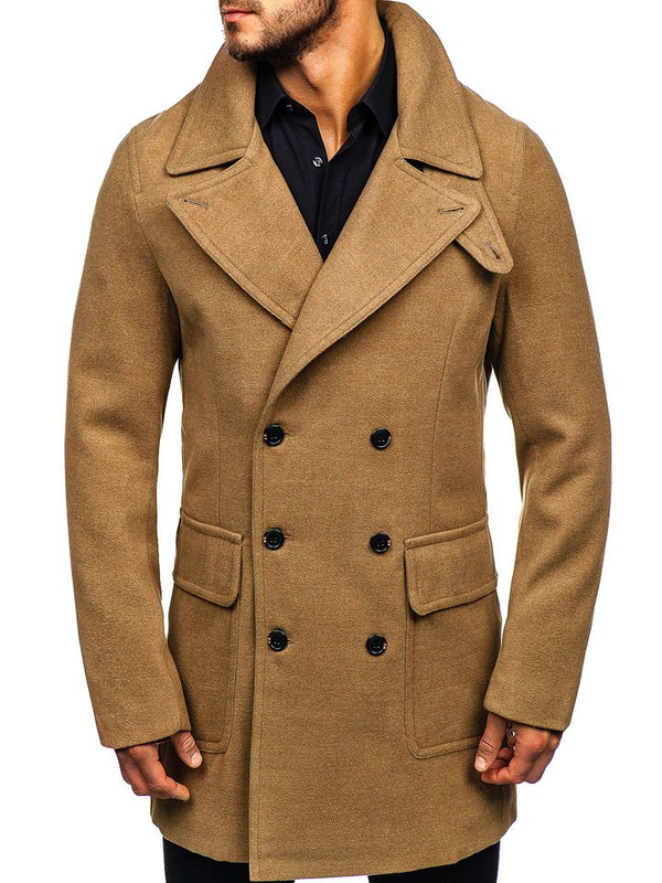 Men's Double-breasted Winter Coat with a High Collar Black Bolf 1048