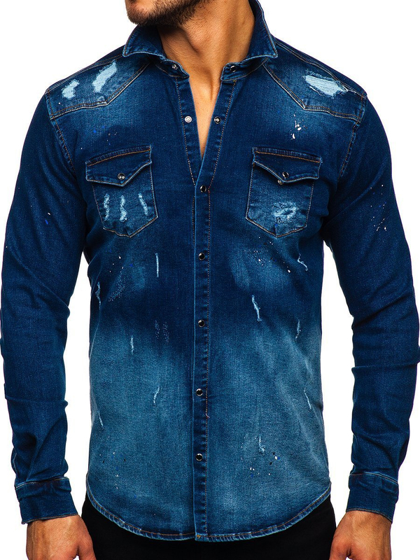 Men's Denim Long Sleeve Shirt Navy Blue Bolf R802