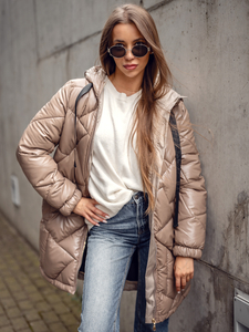 Women's Longline Quilted Winter Jacket with hood Camel Bolf 5M3189