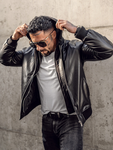 Men's Leather Bomber Jacket Black Bolf 11Z8004