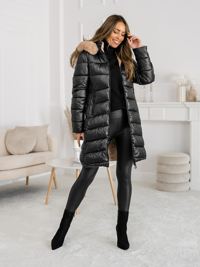 Women's Reversible Longline Winter Jacket with hood Black Bolf B8202