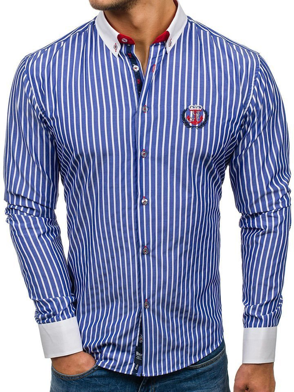 Men's Striped Long Sleeve Shirt Blue Bolf 1771