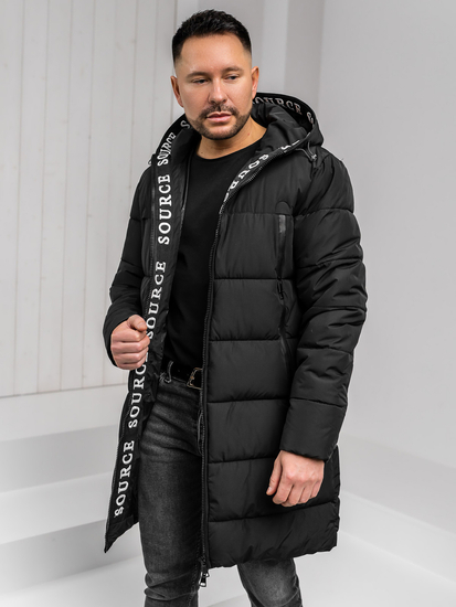 Men’s Longline Quilted Winter Jacket with hood Black Bolf 22M329