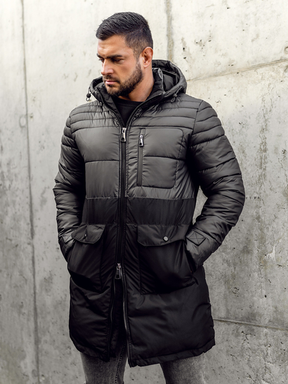 Men's Longline Winter Quilted Jacket Black Bolf 22M62