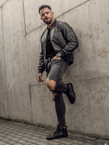 Men's Leather Bomber Jacket Black Bolf 3A65A