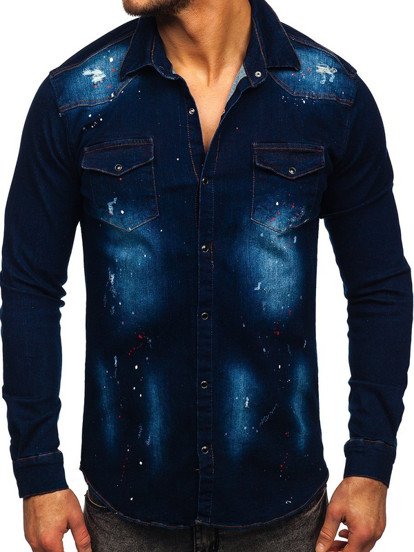 Men's Long Sleeve Denim Shirt Navy Blue Bolf R703