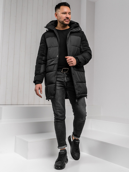 Men’s Longline Quilted Winter Jacket with hood Black Bolf 31M5016A1