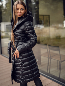 Women's Longline Quilted Winter Jacket with hood Black Bolf 5M3159