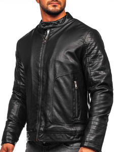 Men's Warm Leather Biker Jacket Black Bolf 92531