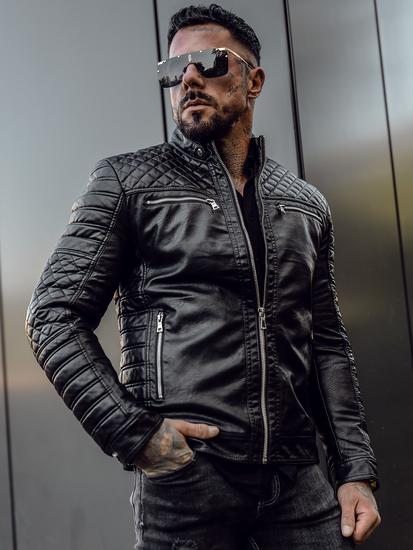 Men's Leather Biker Jacket Black Bolf 11Z8002