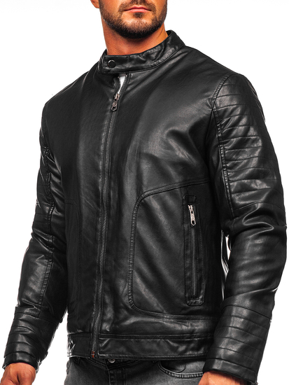 Men's Warm Leather Biker Jacket Black Bolf 92531
