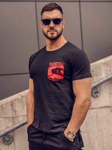 Men's Camo Printed T-shirt with Pocket Black-Red Bolf 8T85A
