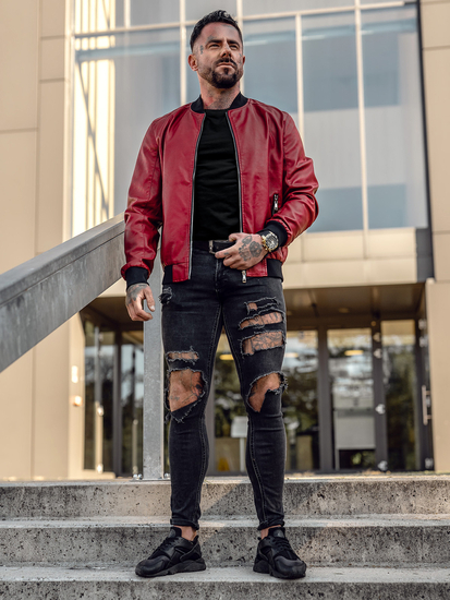 Men's Leather Bomber Jacket Red Bolf 1147A