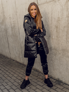 Women's Longline Quilted Faux Leather Gilet Black Bolf AY756