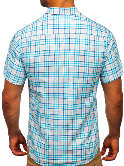 Men's Short Sleeve Checkered Shirt Sky Blue Bolf 201501