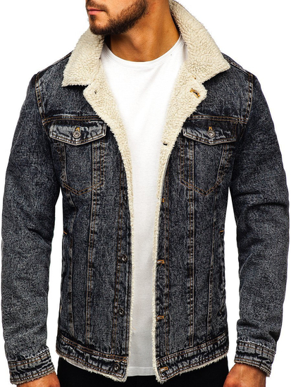 Men's Warm Denim Trucker Jacket with Furry Collar Graphite Bolf 1109
