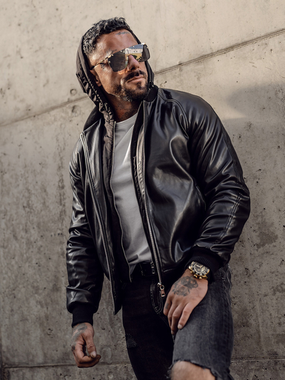 Men's Leather Bomber Jacket Black Bolf 11Z8004