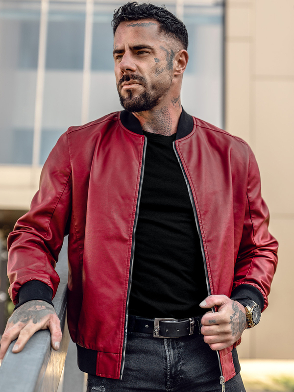 Men's Leather Bomber Jacket Red Bolf 1147A
