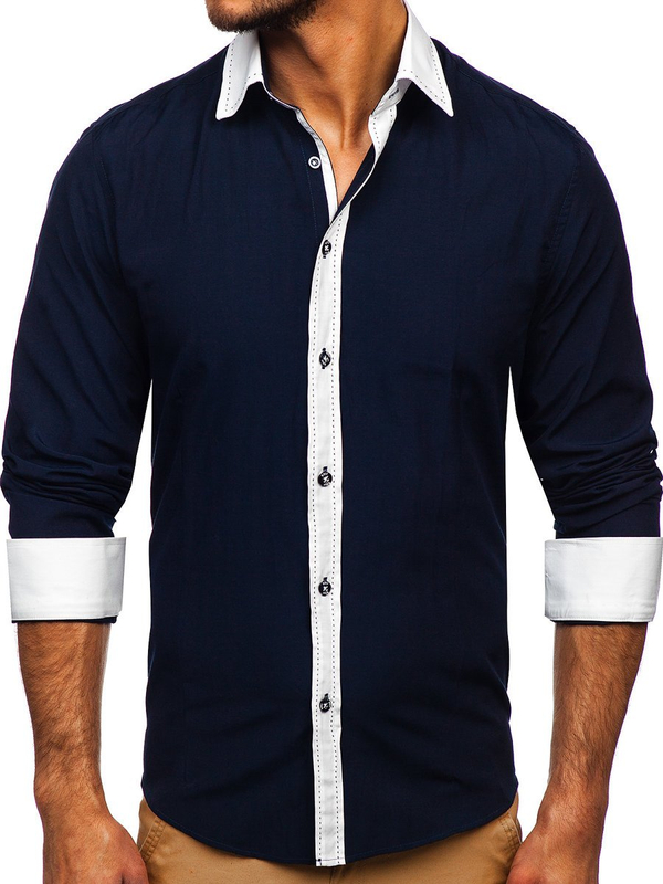 Men's Elegant Long Sleeve Shirt Navy Blue Bolf 6882