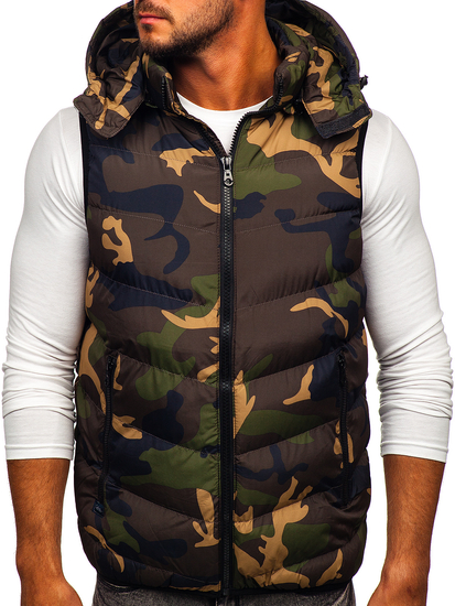 Men's Military Quilted Hooded Gilet Khaki Bolf 6876