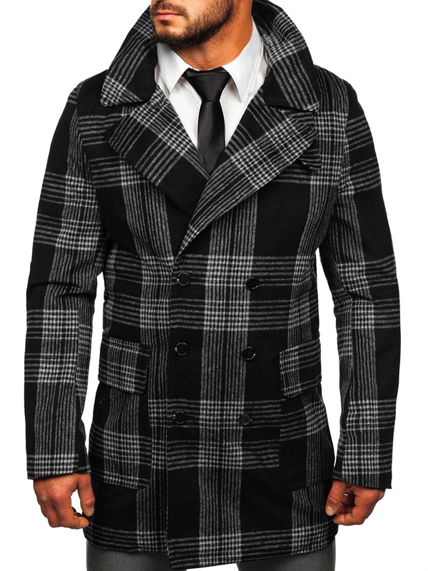Men's Warm Winter Checkered Coat Black Bolf 1193