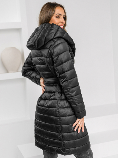 Women’s Longline Winter Quilted Jacket with hood Black Bolf 5M3159A