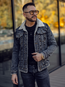 Men's Warm Denim Trucker Jacket with Furry Collar Graphite Bolf 1109