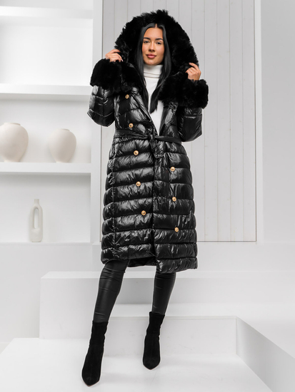 Women’s Longline Winter Quilted Jacket with hood Black Bolf 5M3160A