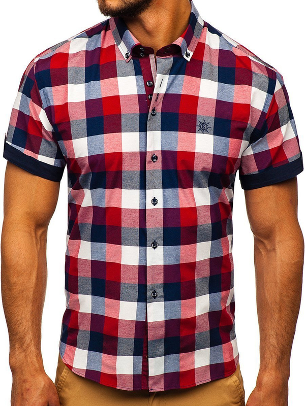 Men's Checkered Short Sleeve Shirt Claret Bolf 5532