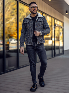 Men's Warm Denim Trucker Jacket with Furry Collar Graphite Bolf 1109