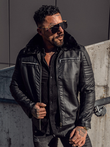 Men's Leather Biker Jacket with Fur Black Bolf 11Z8013