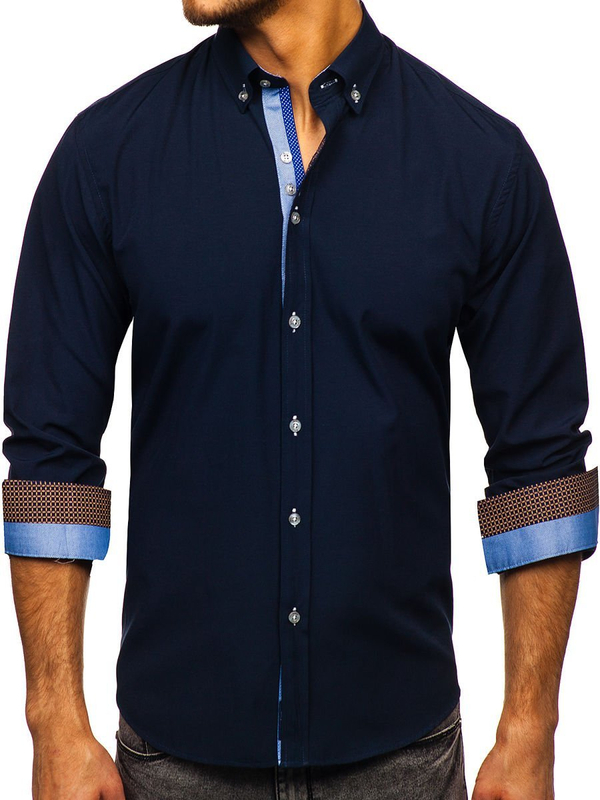 Men's Elegant Long Sleeve Shirt Navy Blue Bolf 8840-1