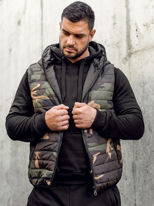 Men's Camo Quilted Gilet with hood Khaki Bolf 7106A